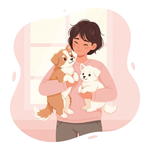 Ilustração de uma pessoa feliz abraçando dois cachorrinhos.